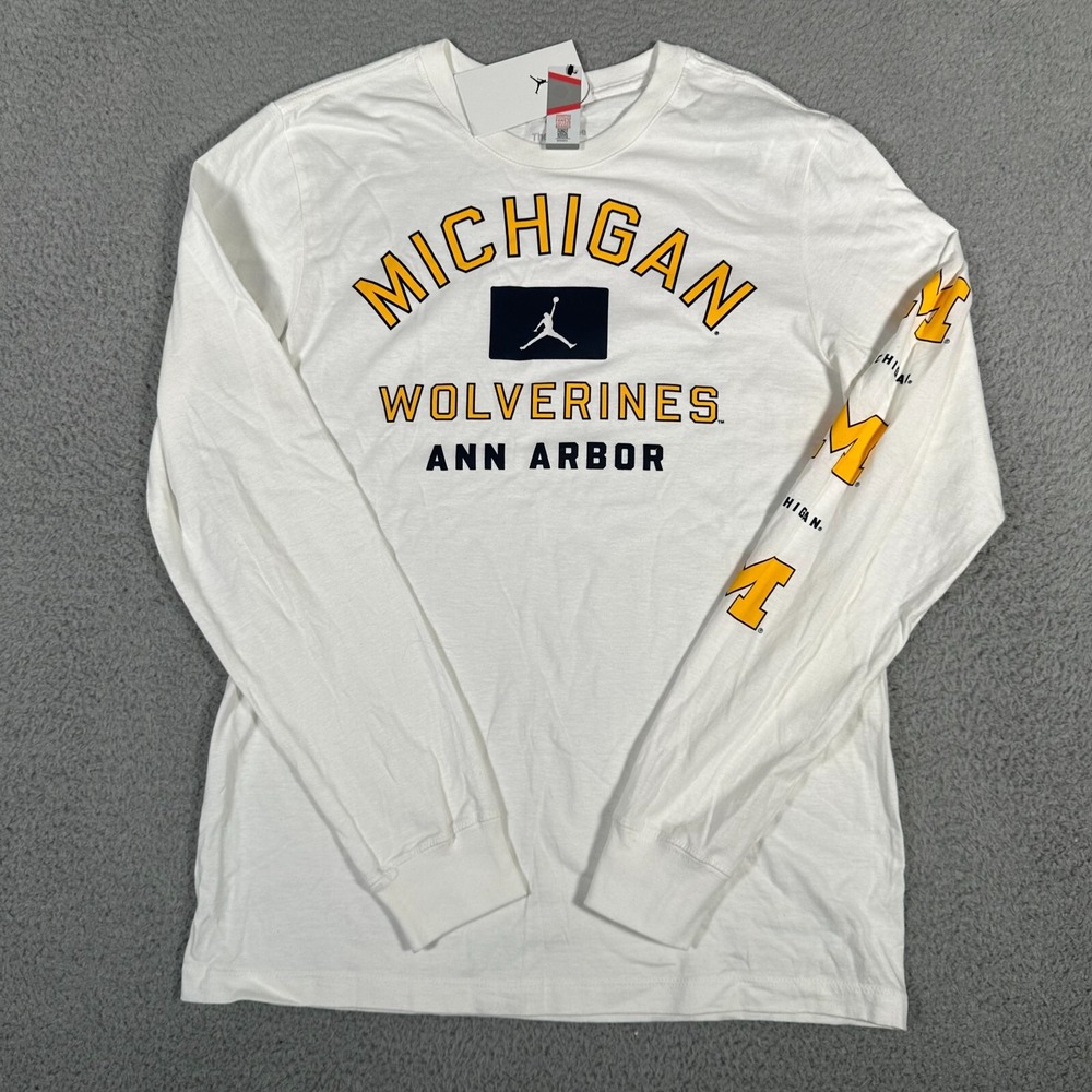 Michigan Wolverines Shirt Mens Small‎ White Jordan Nike Long Sleeve Tee Jumpman